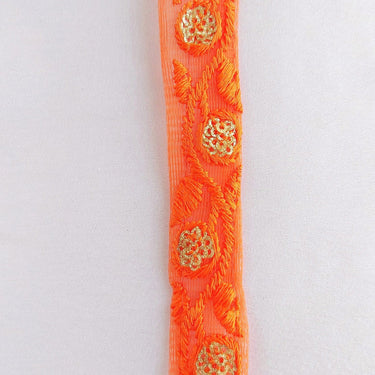 Wholesale Orange Net Lace Trim Floral Embroidery & Glitter Gold Sequins, Indian Wedding Border, Gifting Ribbon Costume Trim Fashion Trimming